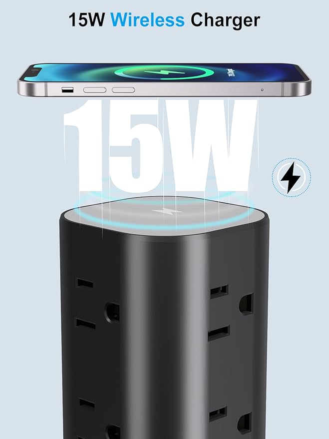 Power Strip with Wireless Charger, Flat Plug Surge Protector with 6FT Extension Cord, 12 AC Multiple Outlets, 4 USB (2 USB C), 15W Wireless Charging Power Tower for Home Office Dorm, Black