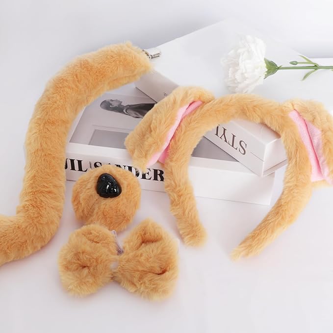 Fumwase Puppy Costume Set Dog Ears Headband Nose Bow Tie Tail Animal Cosplay Party Halloween Costume Accessoies