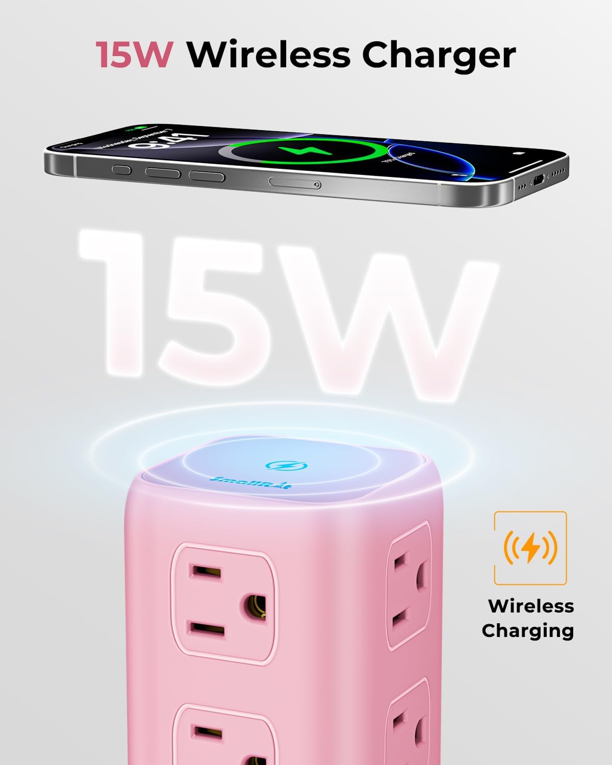 Pink Power Strip with 12 Outlets 4 USB (1 USB C), 6.5Feet Extension Cord with Multiple Outlets, Charging Station, Power Strip Tower, Home Office Desk Supplies