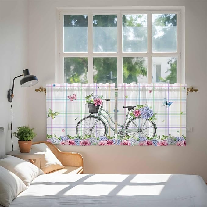 Spring Tier Curtains, Bicycles Botanical Leaves Rose Colorful Stripes Light