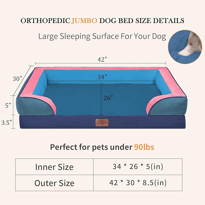 Comfort Expression Orthopedic Dog Bed for Extra Large Dogs 42x30 Inch, Waterproof Egg Crate Foam XL Pet Bed with Removable Bolsters, Dog Couch with Washable Cover & Non-Slip Bottom, Enchanted Cove