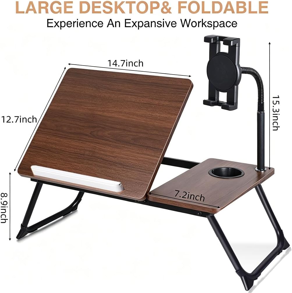 wishacc Lap Desk for Bed, Foldable Laptop Bed Tray Table with Independent Adjustable Tablet & Phone Stand, Portable Work from Couch Desk Tray with Mouse Area, Computer Laptop Holder for Recliner Sofa