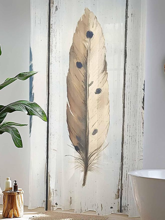 Sheer Curtains 84 Inches Long, Farmhouse Feather Semi Sheer Curtains Light