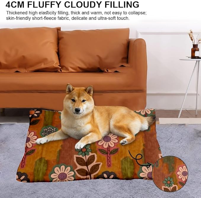 Vintage Floral Brown Cusion Dog Bed Medium Dog Comfort Bed Mat Pet Small Crate Pad Cushion for Crate Washable Non-Slip Washable for Mattress Kennel Pillow Dogs Indoor Outdoor 36X24 Inch