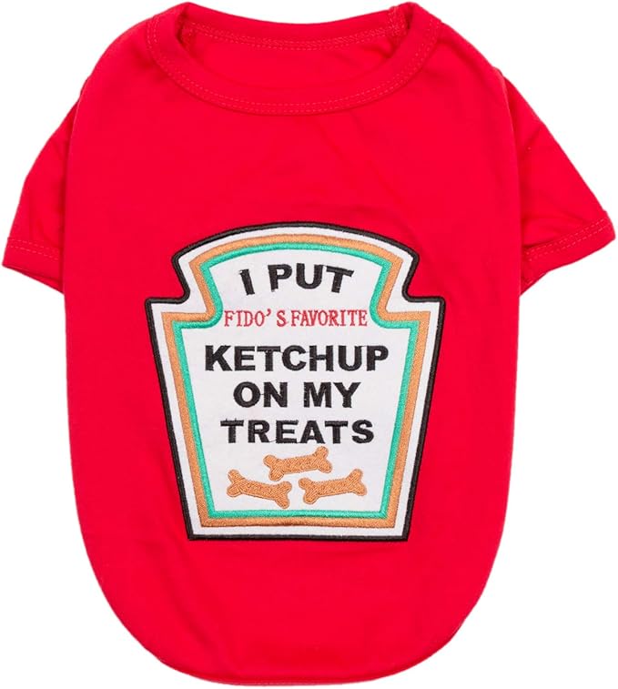 Parisian Pet Dog Shirt - Embroidered “I Put Ketchup on My Treats“ - 100% Cotton and Polyester Dog Clothes - Sleeved, Lightweight Costume for Dogs - Red Dog Shirts for Medium Dogs - Pet Costumes - M