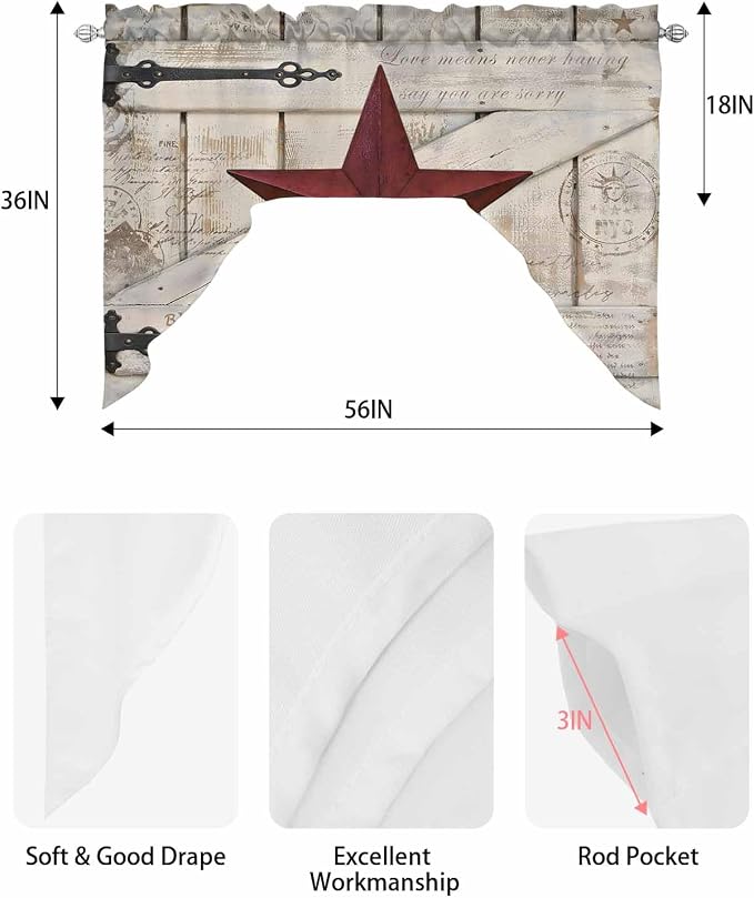 Village Stars Swag Kitchen Curtains Valance and Tier Set, Vintage Dark Red Star
