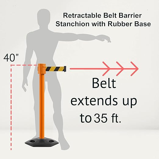 Montour Line MSR760 Set of 2 Retractable Belt Barrier Stanchion, Rubber Base, Orange Post (35 ft Light Green Belt)