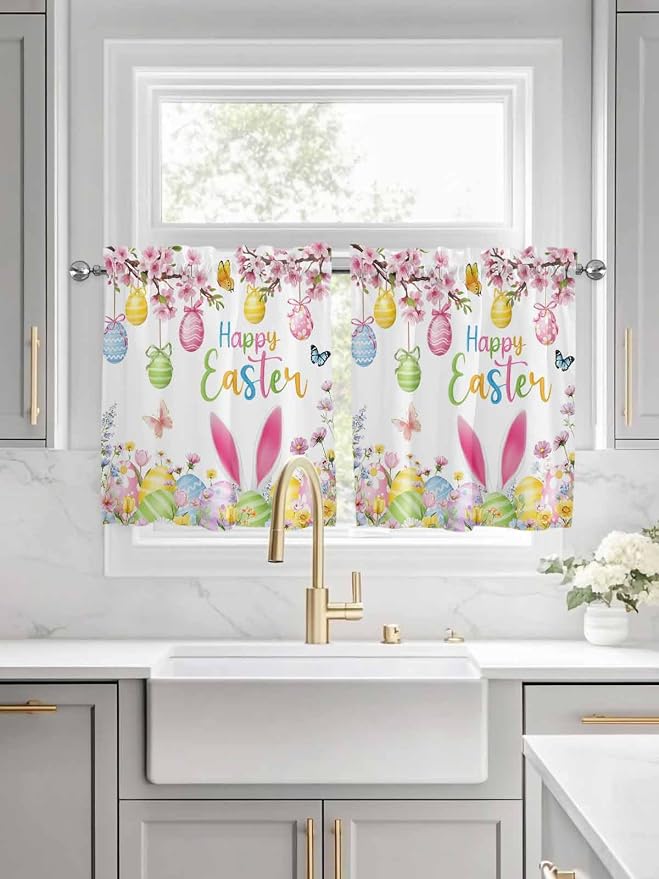 Happy Easter Half Window Curtain 36 Inches Long, Spring Watercolor Bunny Eggs