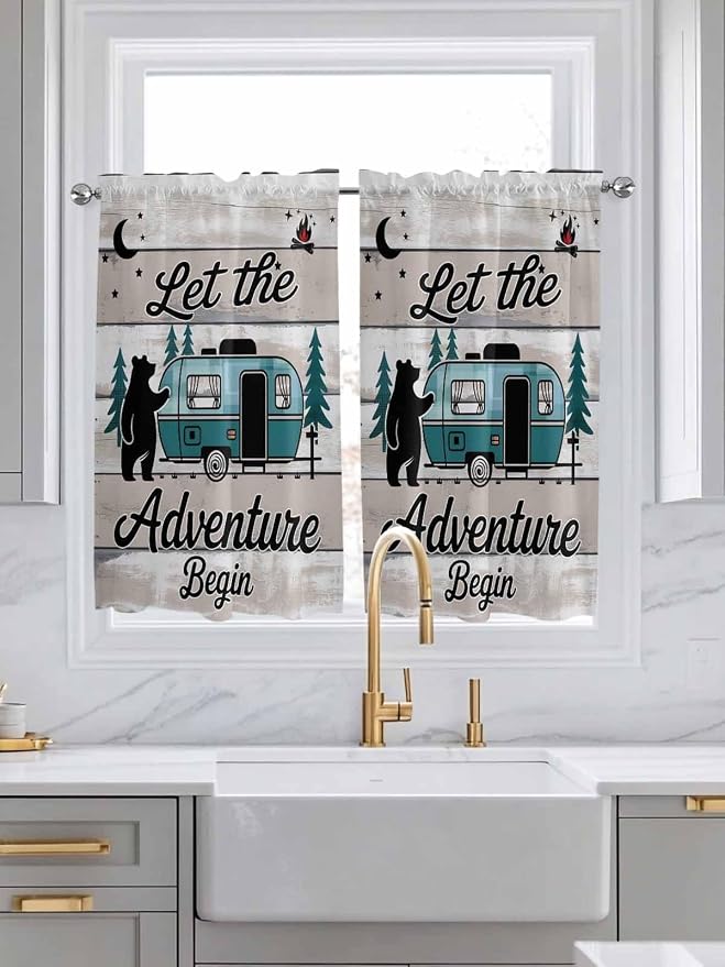 Farmhouse Bear Camper Van Tree Window Valance Curtains, Vintage Wood Grain