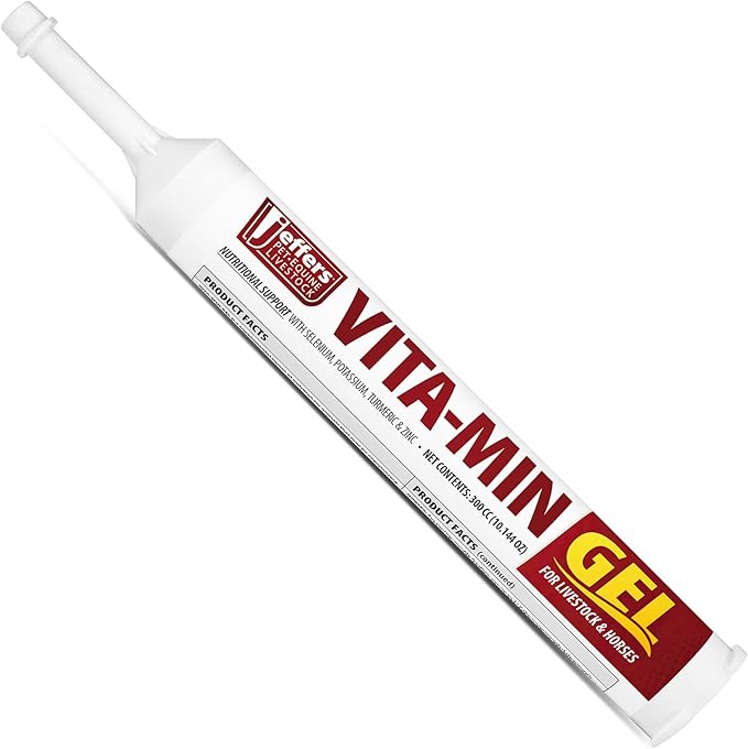Jeffers Vita-Min Gel for Livestock & Horses – Multivitamin & Mineral Supplement with Selenium, Zinc, Potassium & Turmeric – Easy Oral Gel for Cattle, Goats, Sheep & Pig – 300 cc Tube - 12 Pack