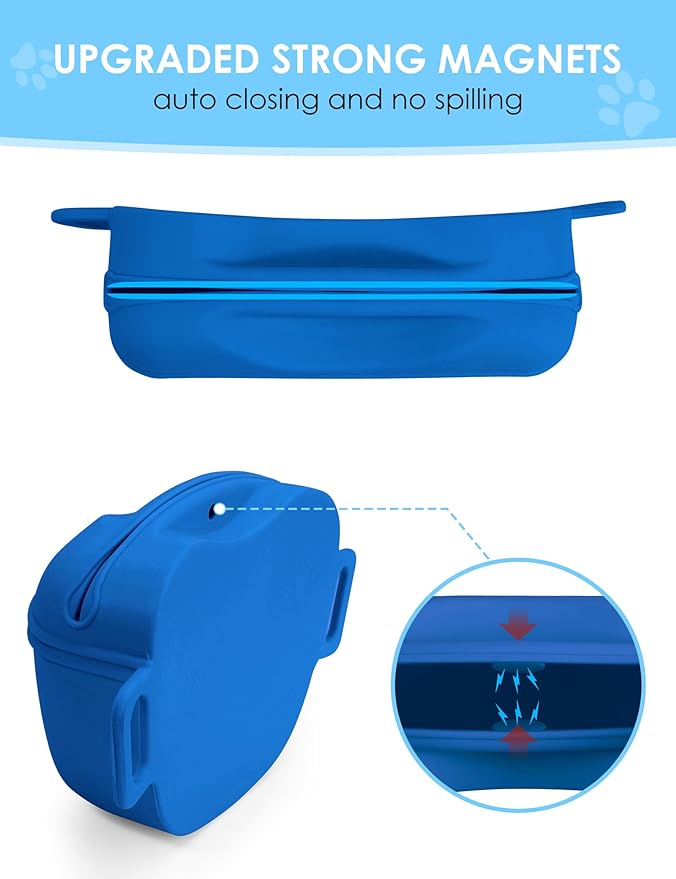 Dog Treat Pouch with Training Clicker, Upgrade Stronger Magnetic Closure to Avoid Spilling, 1.67 Cup Silicone Treat Bag Fanny Pack with Waist Belt for Pet Training Walking (Blue)