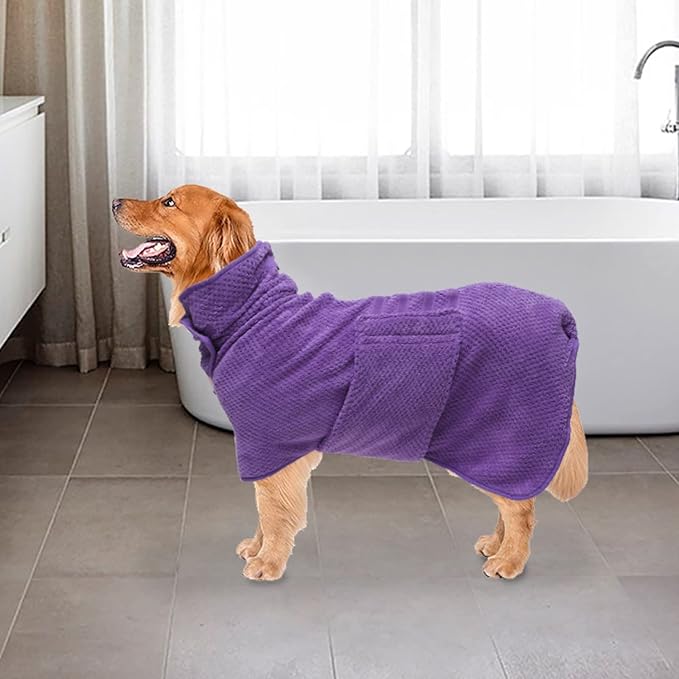 Geyecete Pineapple Grid Fast Drying Super Absorbent Dog Cat Bath Robe Towel - Purple, XXL
