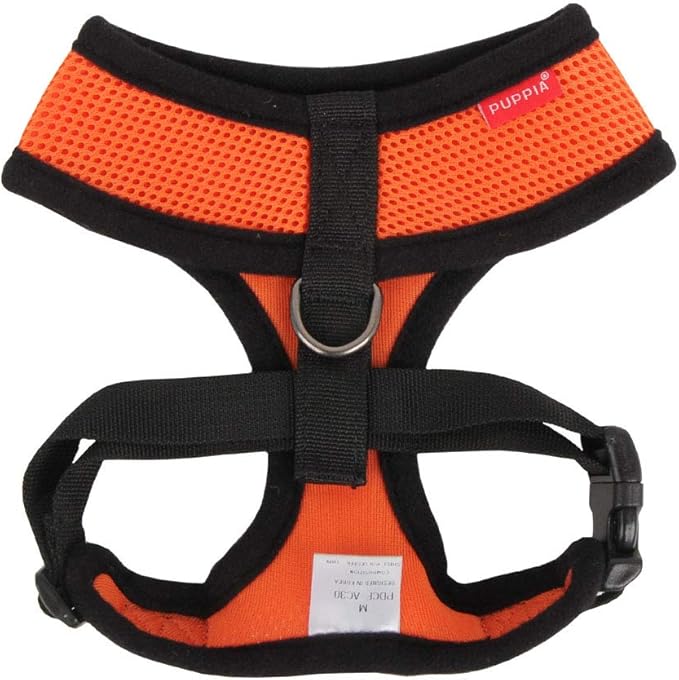 Puppia Soft Dog Harness No Choke Over-The-Head Triple Layered Breathable Mesh Adjustable Chest Belt and Quick-Release Buckle, Orange, Medium