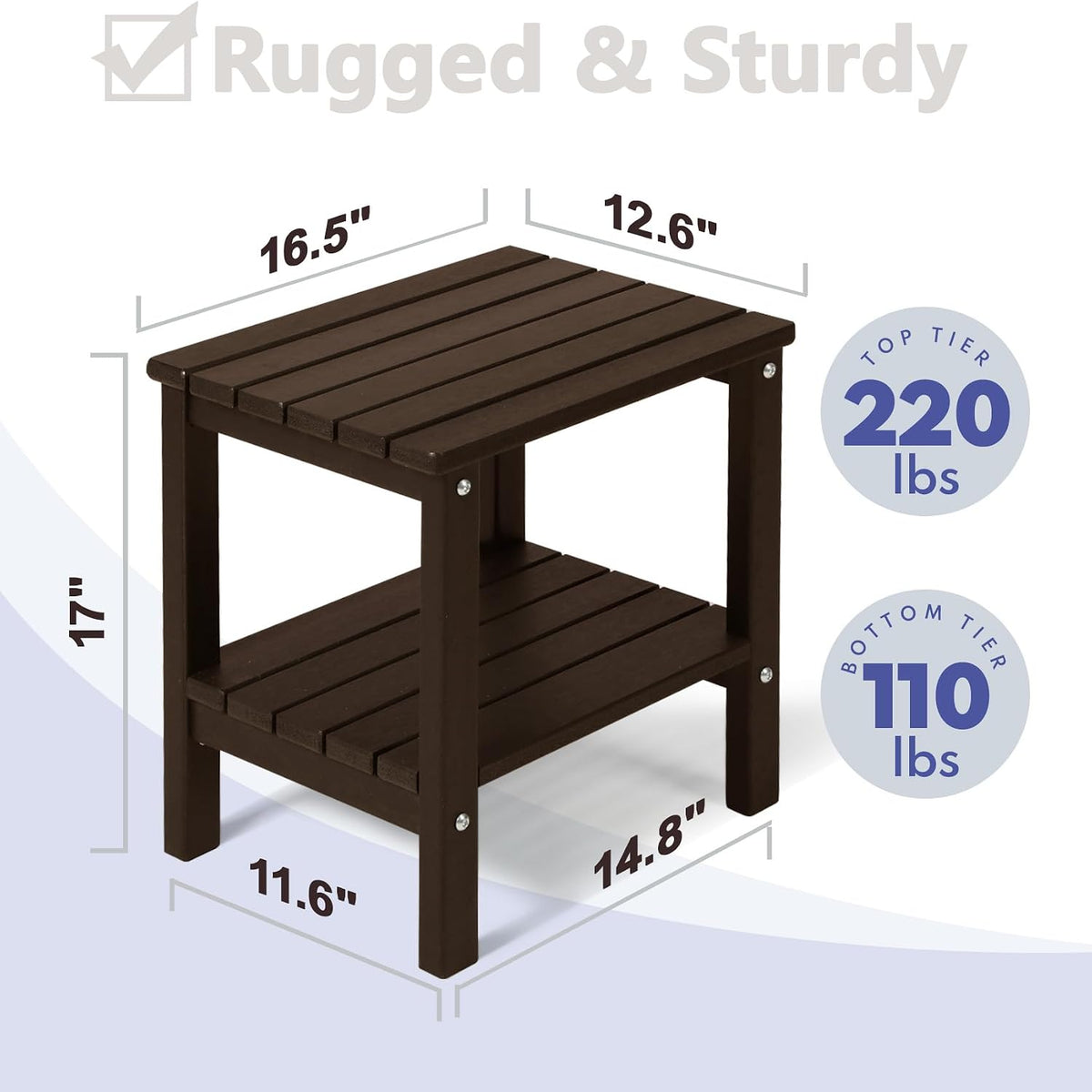 PASAMIC Outdoor Side Table, 2-Tier Storage Patio Side Table, HDPE Adirondack Side Table, Weather Resistant Square Small Outdoor Table for Patio, Backyard, Pool & Garden, Brown