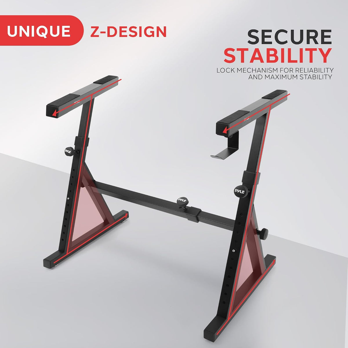 Pyle Heavy Duty Folding Keyboard Stand - Sturdy Reinforced Z Design w/ Adjustable Width & Height, Foam Padded Arms, Digital Piano Stand, Fits 54-88 Key Electric Pianos & Used for Travel & Storage