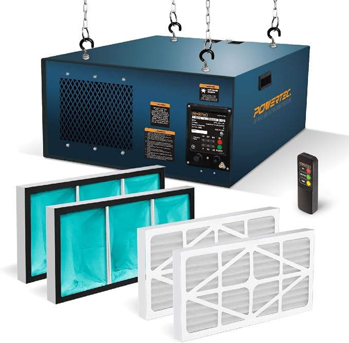 POWERTEC AF1045 3-Speed Remote Controlled Air Filtration System w/Extra Inner &