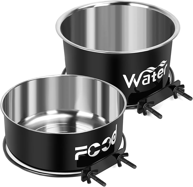 2 Pcs Large Pet Dog Food and Water Bowl Set for Cage, Stainless Steel Non-Spill Kennel Hanging Cats Pets Bowls Crate Feeder Dish with Clamp Holder for Medium Large Dogs Pets (7.1x3.7'' & 7.1x2.5'')