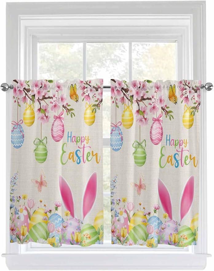 Happy Easter Kitchen Curtains 45 Inches length, Spring Farmhouse Bunny Eggs