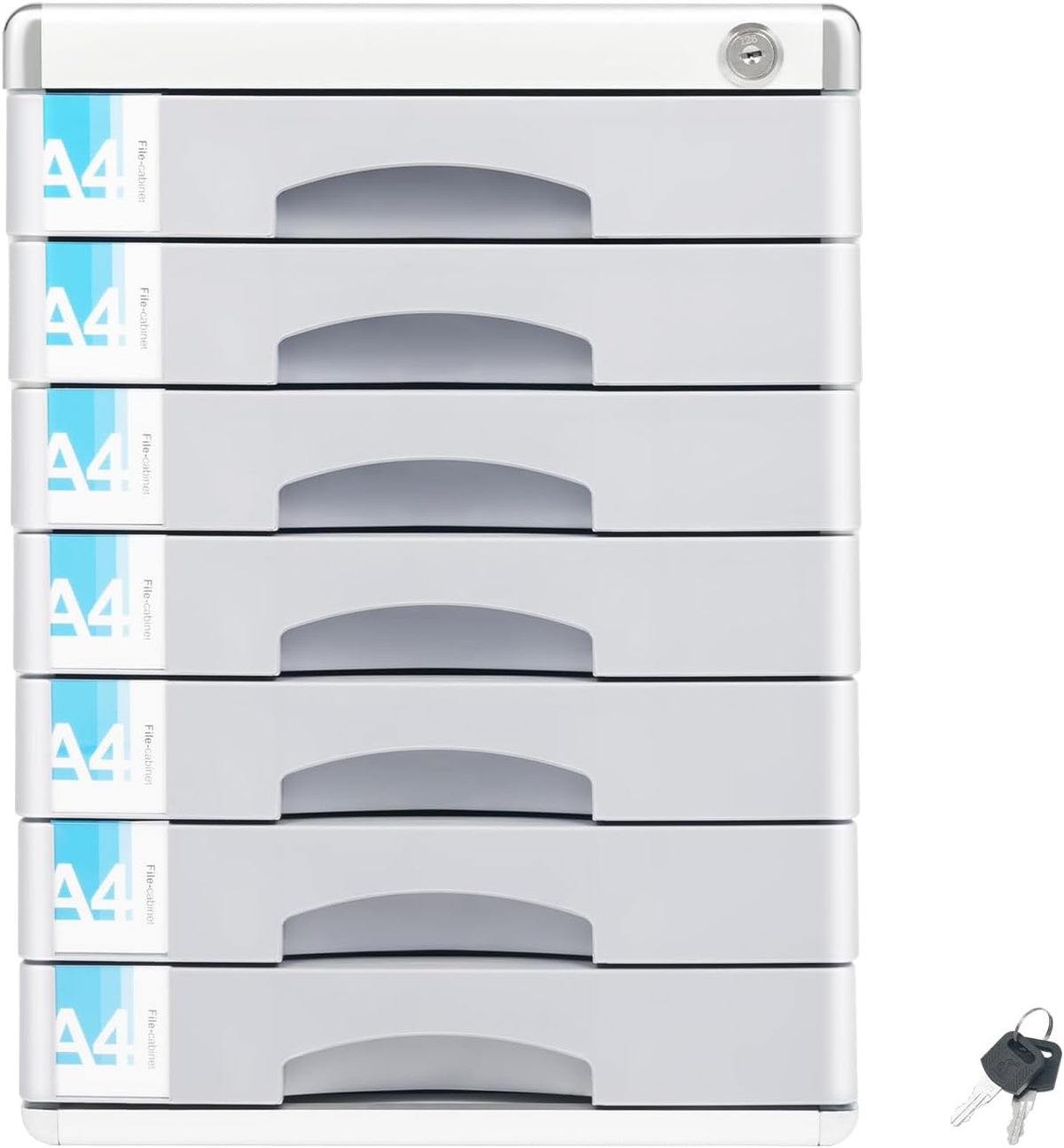 Desk Organizer with 7 Drawers, Metal Desktop Storage Cabinet File Holder with Locks and Keys, Filing Case Literature Organizer for Office Home, L11.8*D14*H16in, Silver & Grey