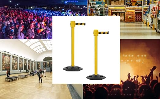 Montour Line MSR760 Set of 2 Retractable Belt Barrier Stanchion, Rubber Base, Yellow Post (35 ft Red with"Please Wait HERE" White Letters Belt)