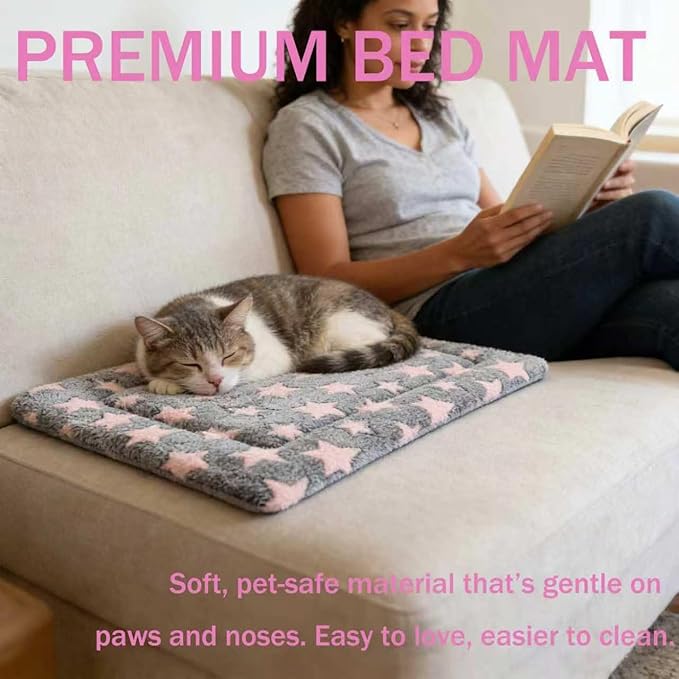 Dog Bed Mat - Reversible Dog Crate Bed Mats, Soft & Breathable Kennel Pad, Durable Crate Bed for Small Dogs & Cats (Pink&Gray Stars, XS(18"*14"*1.5"))