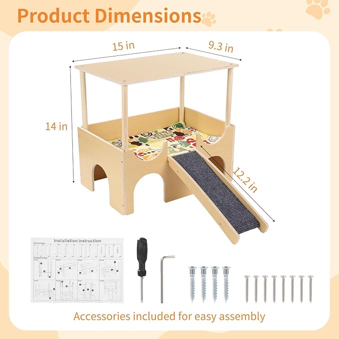 Large Wooden Guinea Pig Hideout, 2-tier Guinea Pig House with Non-slip Stairs, Small Animal Cage House, Cushioned Pads Included, Pet Habitat for Hamster Playing, Hiding
