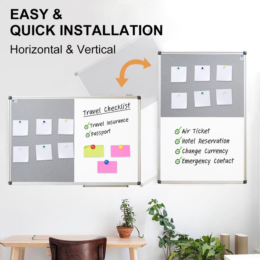 White Board and Cork Board Combo - 36 x 24 Inches Large Dry Erase Whiteboard and Bulletin Board, Magnetic Wall Pin Display Board for Home, Classroom & Office, 24"x36" Grey