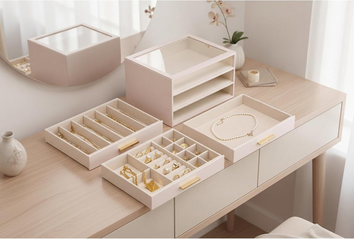 Vlando 3-Drawer Jewelry Box Organizer with Glass Lid, Pink Beige