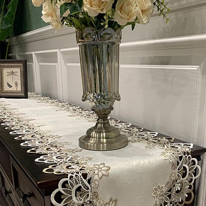 Sandweek Washable Lace Floral Embroidered Rectangle Table Runner Scarf Wedding