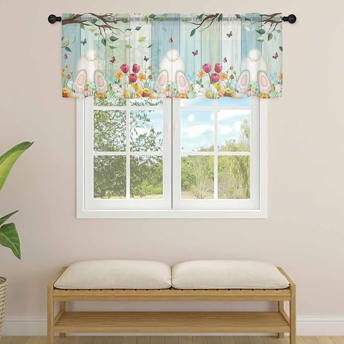 Easter Sheer Valances for Windows 42"x12", Light Filtering Kitchen Curtains