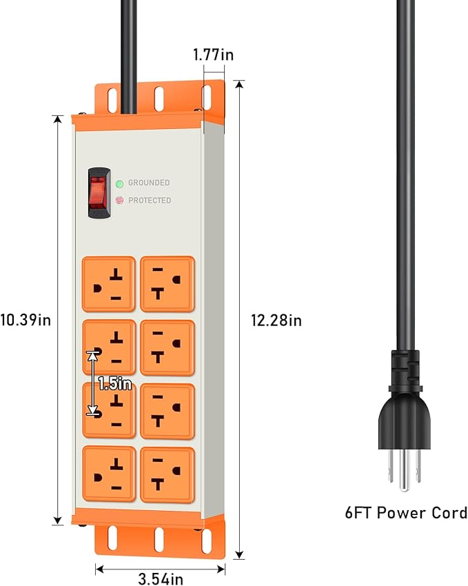 JUNNUJ Heavy Duty 20 Amp Surge Protector 4800J, Garage Metal 8 Outlets 12 Gauge, High Amp 5-15P Adapter Shop 6-20R T-Slot Industrial Outlet, 6 FT Extension Cord Commercial for Appliance, Grey