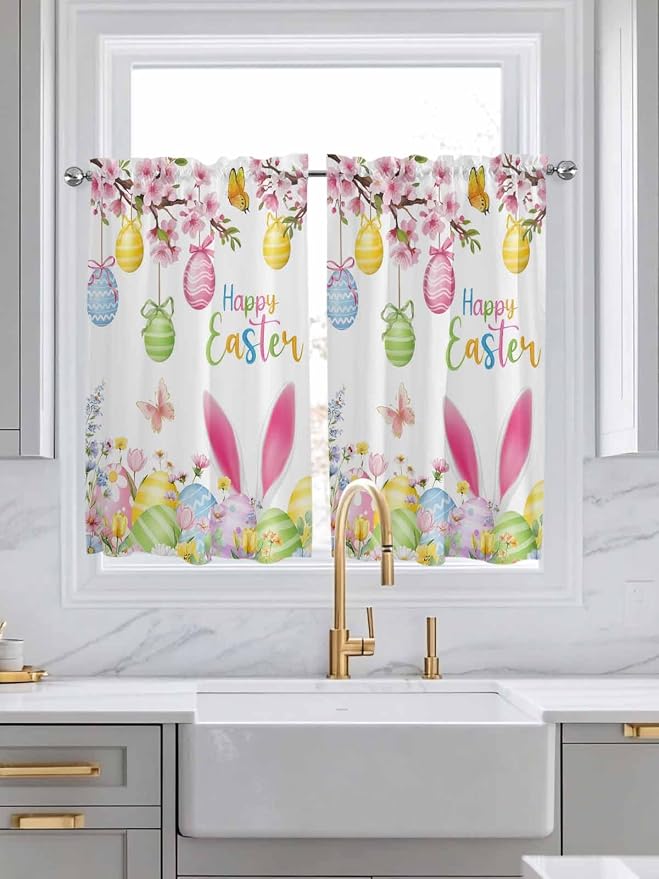 Happy Easter Kitchen Curtains 54 Inches Length, Spring Watercolor Bunny Eggs
