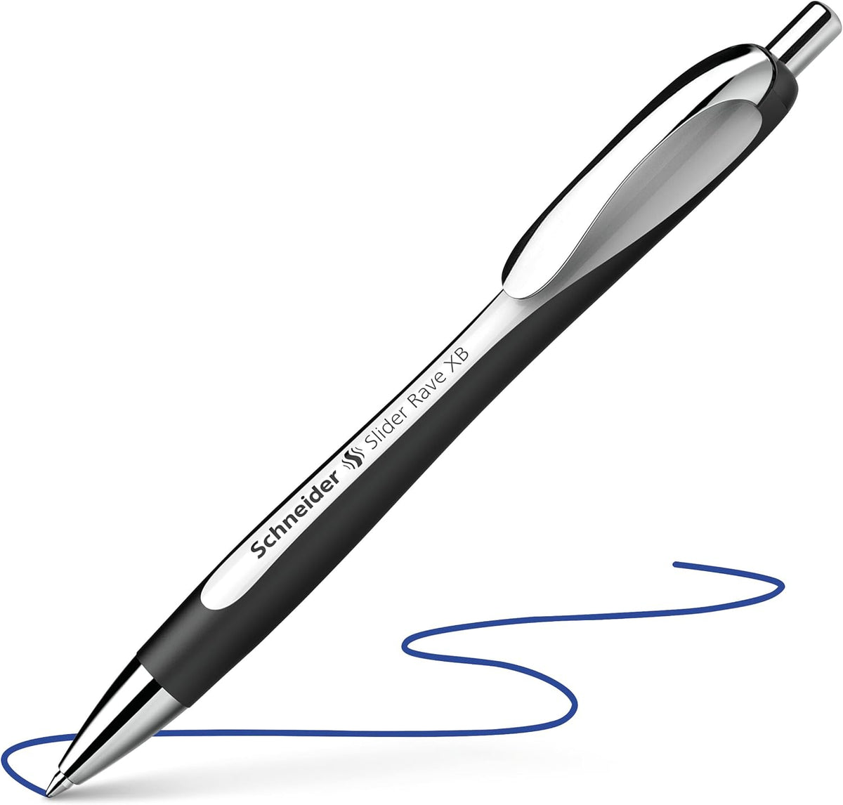 Schneider Limited Edition Slider Rave Black, XB (Extra Broad) Ballpoint Pen, Refillable + Retractable, 1.4 mm, White-Black Barrel, Blue Ink, Box of 5 Pens (132549)