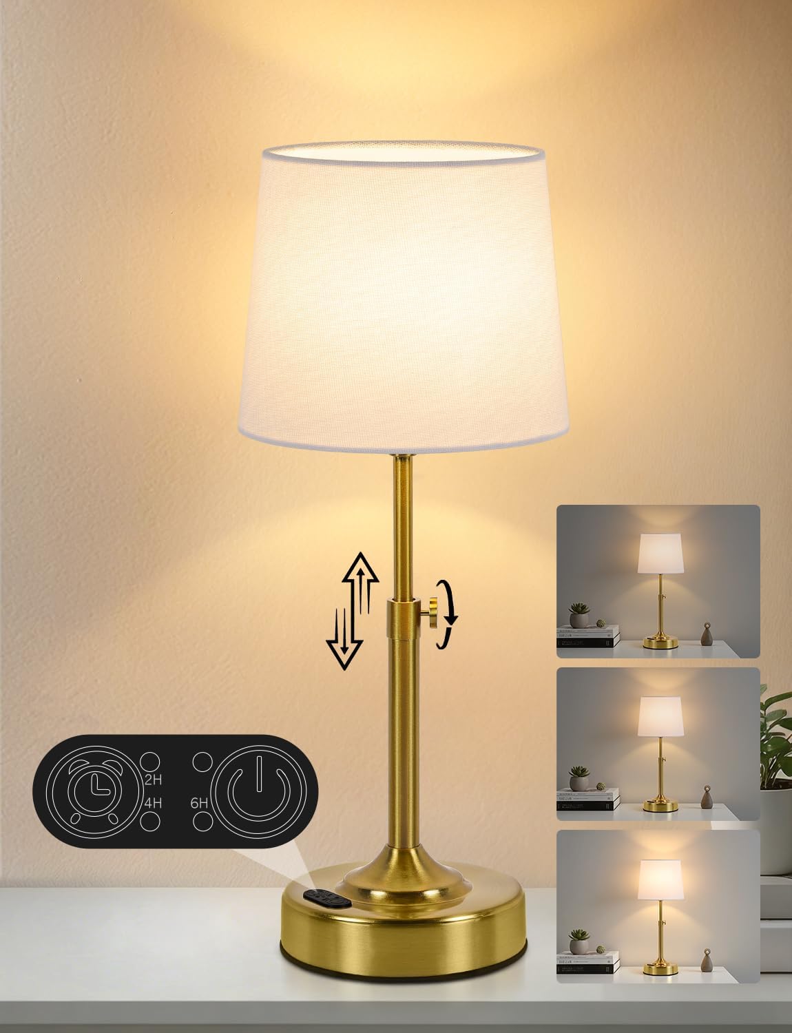 Yochoice Height Adjustable Rechargeable Gold Touch Table Lamp with Timer