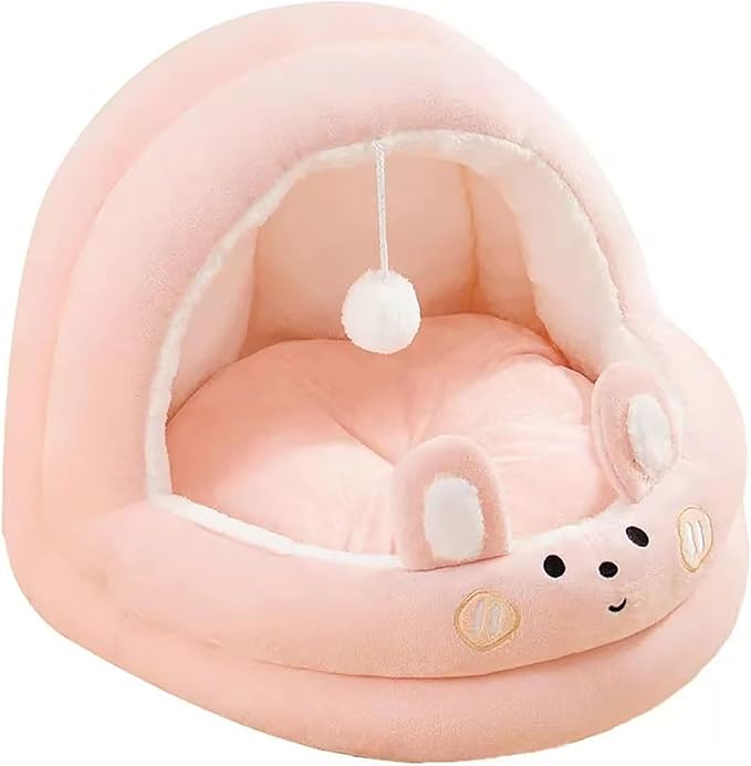 Cat Bed for Indoor Cats, Dog Bed with Anti-Slip Bottom, Rabbit-Shaped Cat/Small Dog Cave with Hanging Toy, Puppy Beds with Removable Cotton Pad, Super Soft Calming Pet Sofa Bed (Pink, Small)