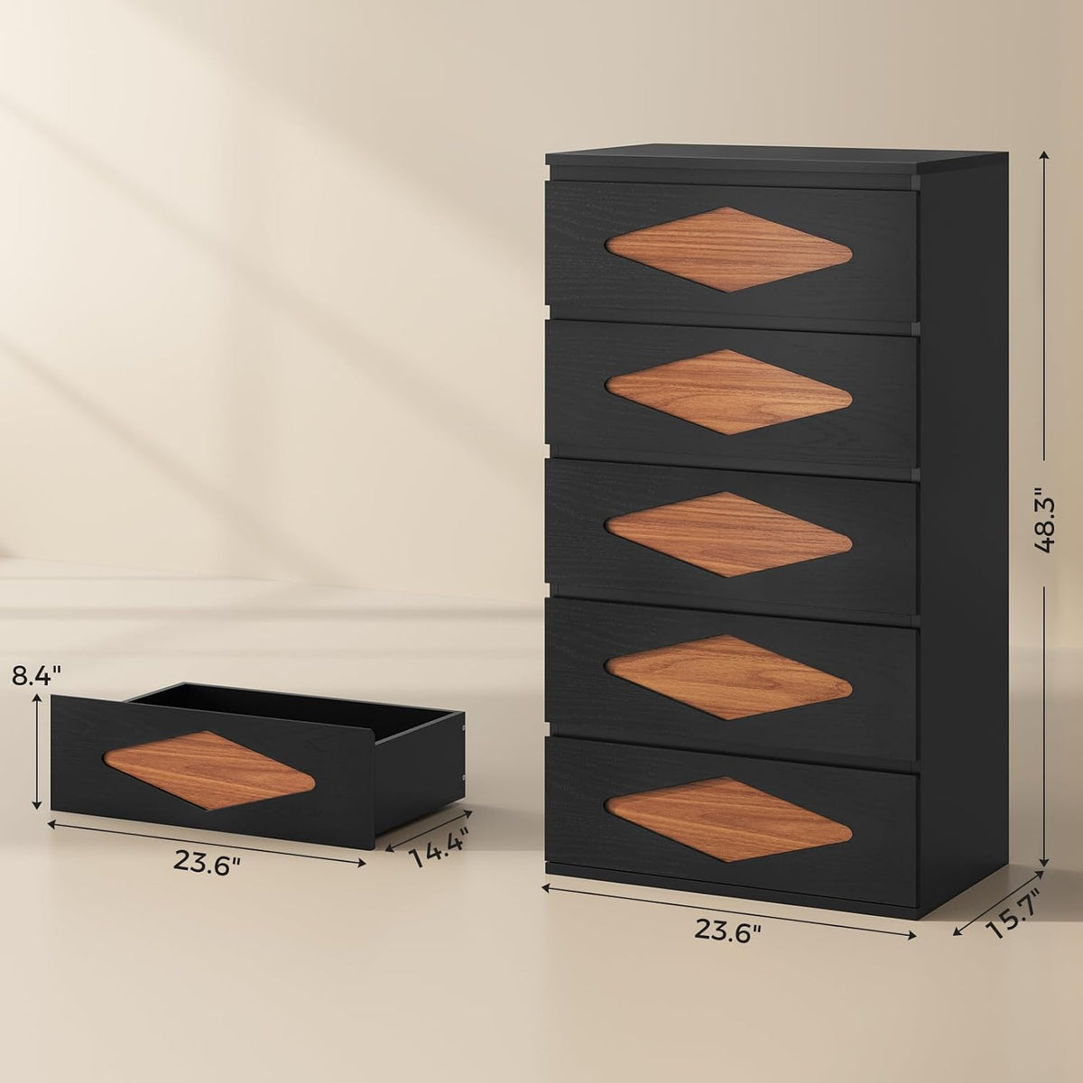 UPOSOJA Tall Dresser for Bedroom, 5 Chest of Wooden Drawers, Vintage Dresser, Closet Storage Dressers Organizer for Bedroom, Living Room, Hallway (Black+Brown)