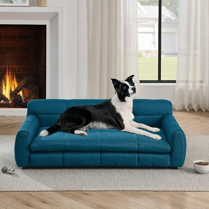 Modern Pet Sofa Bed for Large Dogs Up to 130lbs, Luxurious Living Room Dog Couch with Supportive Backrest and Armrests, Easy-to-Clean Linen Fabric Elevated Pet Furniture