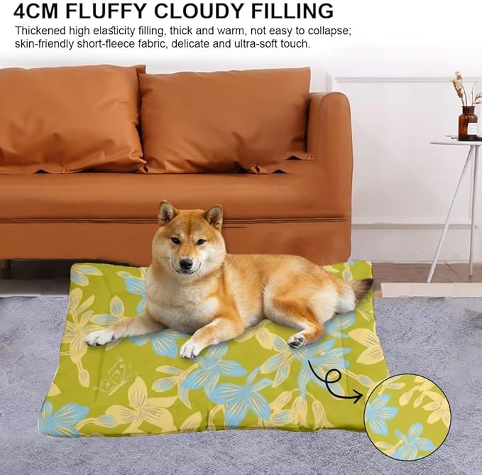 Green Blue Floral Dog Beds & Furniture Outdoor Mat for Dogs Puppy Crate Pad Dog Beds for Small Dogs Crate Washable Non-Slip Bed Bed Tear-Resistant Mat Pillow Indoor Outdoor 36X24 Inch