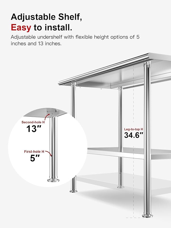 All-Stainless Steel Prep Table, 30 X 48 Inch, with Rounded-Corner Backsplash and Adjustable Undershelf, Heavy-Duty for Outdoor Use,Restaurants,Hotels,Workshops,Kitchens,Gardens, and Garages