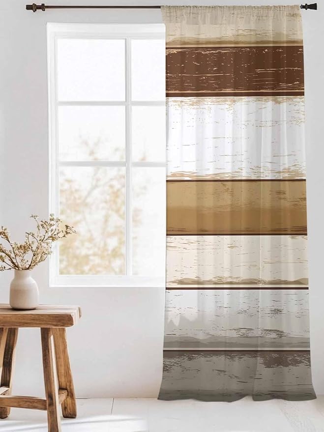 Sheer Curtains 108 Inches Long, Vintage Country Geometric Striped Privacy Voile