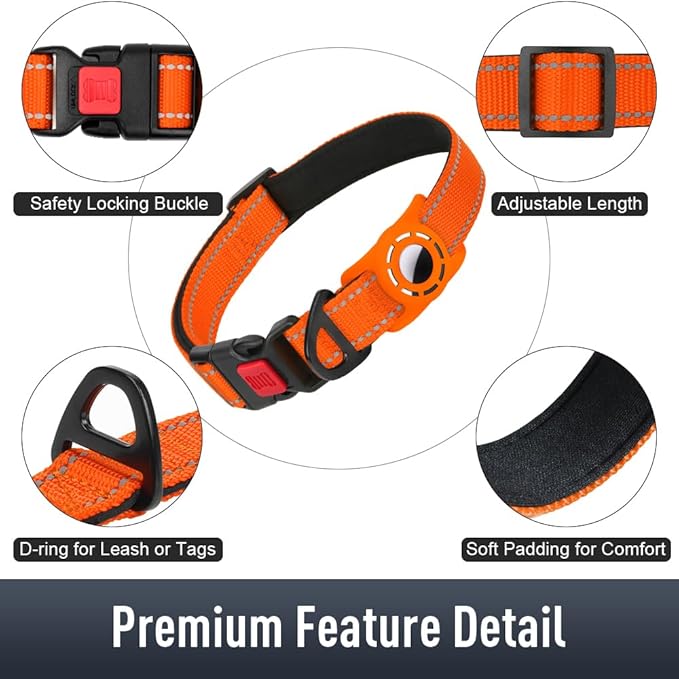 Airtag Dog Collar with AirTag Holder for Puppy Small Dogs, Reflective, Soft Padded & Safety Locking Buckle, Nylon Pet Collars Adjustable for All Breeds, Orange,XS