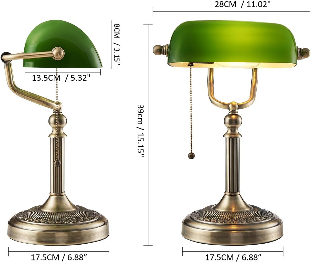 Green Glass Bankers Desk Lamp with Pull Chain Switch Plug in Fixture