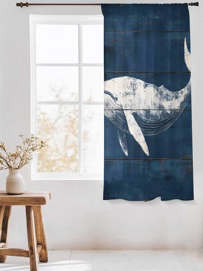 Sheer Curtains 63 Inch Length, Summer Whale Semi Sheer Curtains Light Filtering