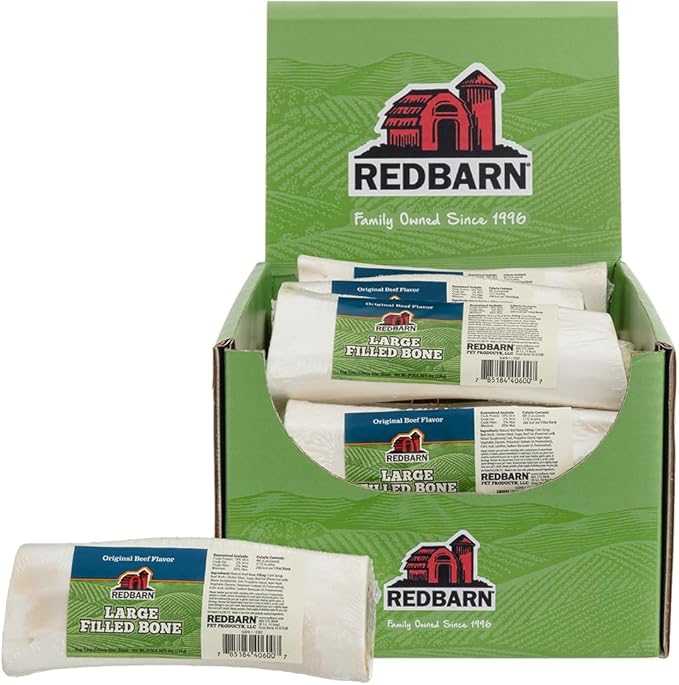 Redbarn Large Filled Bones for Dogs, Beef Flavor - Made in USA Long Lasting Stuffed Femur Treat for Aggressive Chewers - Case of 15