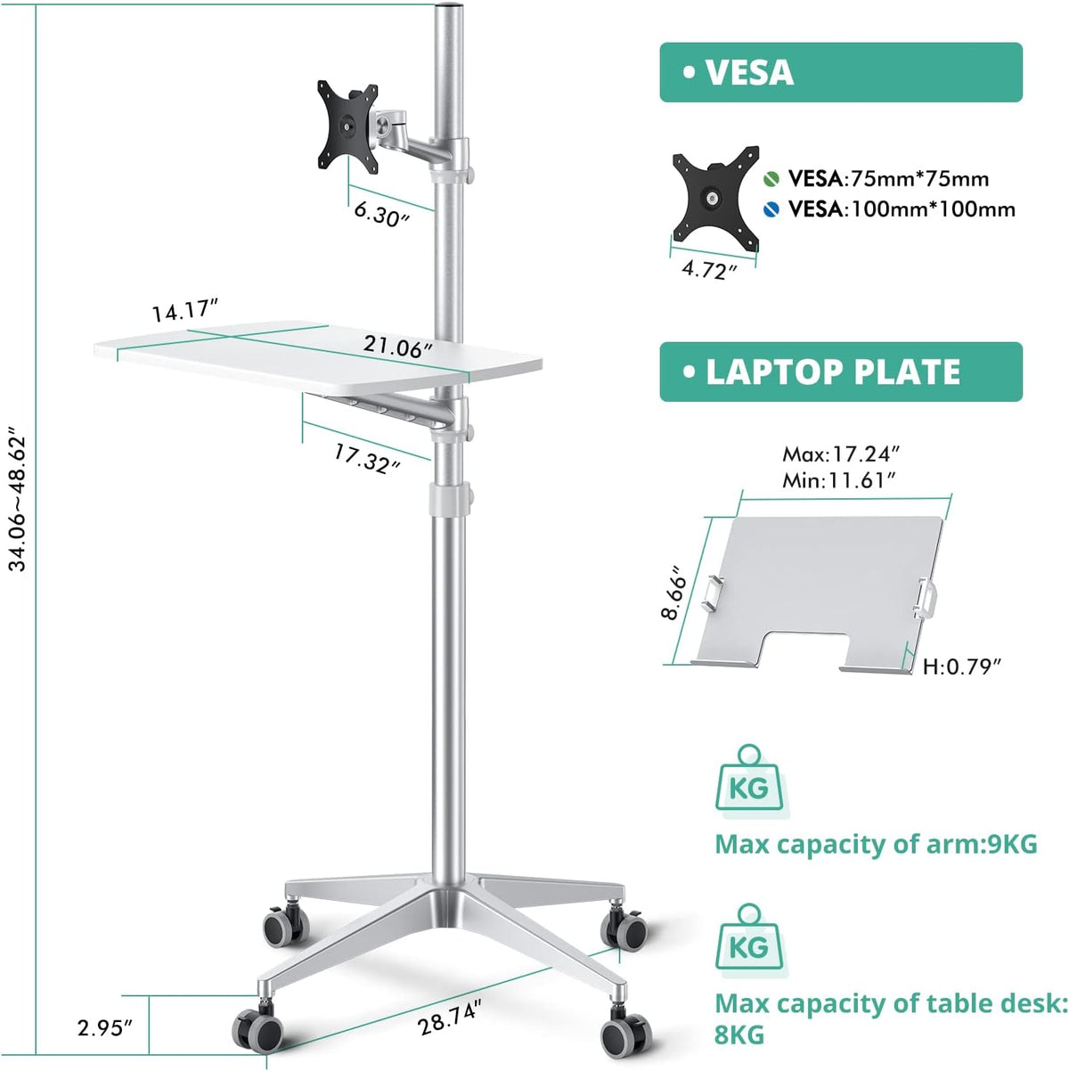 viozon Mobile Desk,Mobile Workstation,Mulitiuse Rolling Laptop Floor Stand,34"-48.6" Height Adjustable,Compatible with 17"-27"Monitor&12"-17"Laptop,21"×14" Desk Board,Maxload 17.6lbs,4 Lockable Wheels