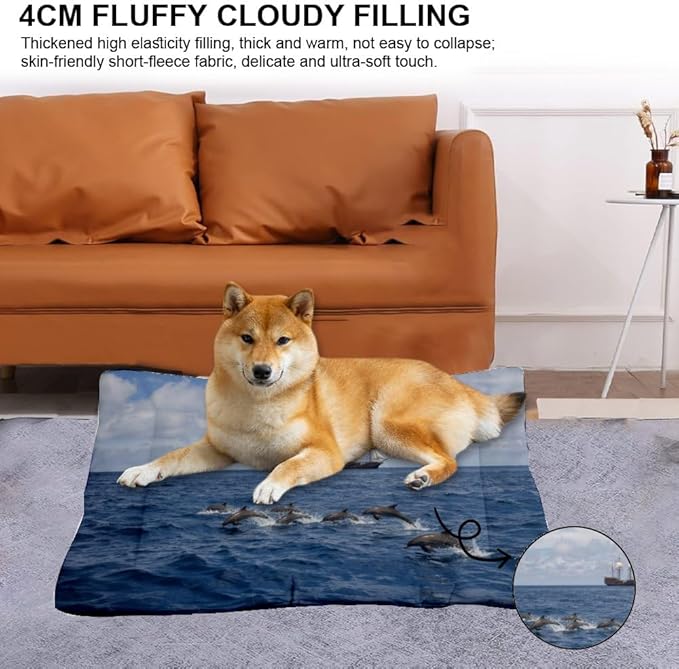 Dolphins Tall Ship Ocean Scene Pet Bed Dog Mat Dog Bed Pad for Crate Washable Non-Slip Cushions for Lining Pet Crates Beds Furniture Crate Mat Tapete para Perros Indoor Outdoor 36X24 Inch