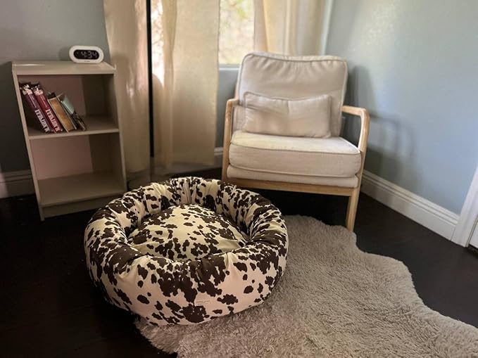 Organic Cotton Canvas Dog Bed: Removable Cover, Natural Fill - Made in USA (Cow Print Brown White, Small 24" x 7" inches)