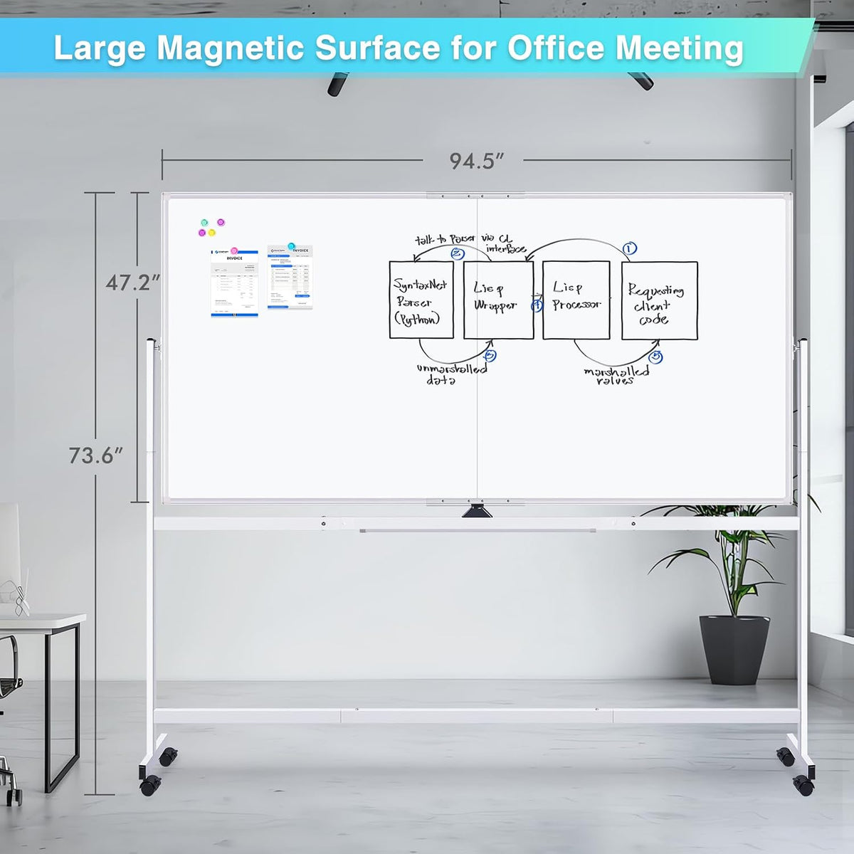 Maxtek Rolling Whiteboard 96 x 48 in, Large Double-Sided Magnetic Standing