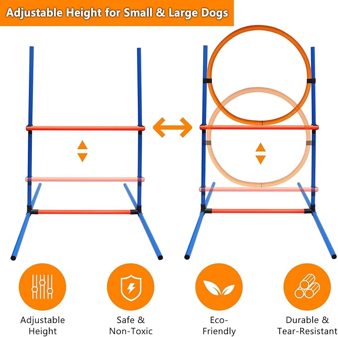 Premium Dog Agility Equipment Set Outdoor Indoor Game, Tire Jump + Hurdle Jump, Tunnel, Weave Poles, Pause Box, 2 Toy Balls, 2 Flying Discs, 1 Whistle, 1 Bag, Backyard Dog Training Obstacle Course Kit