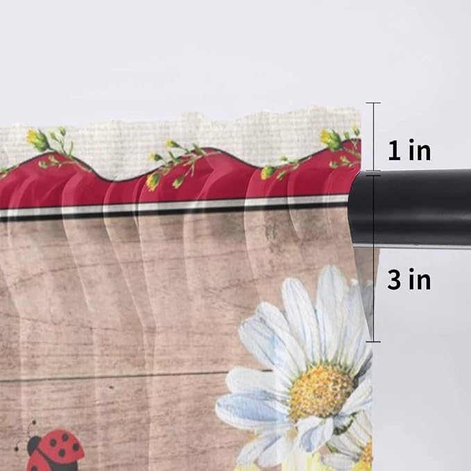 Ladybug Gnome Sheer Valance Curtains, Country Summer Rustic White Yellow Daisy